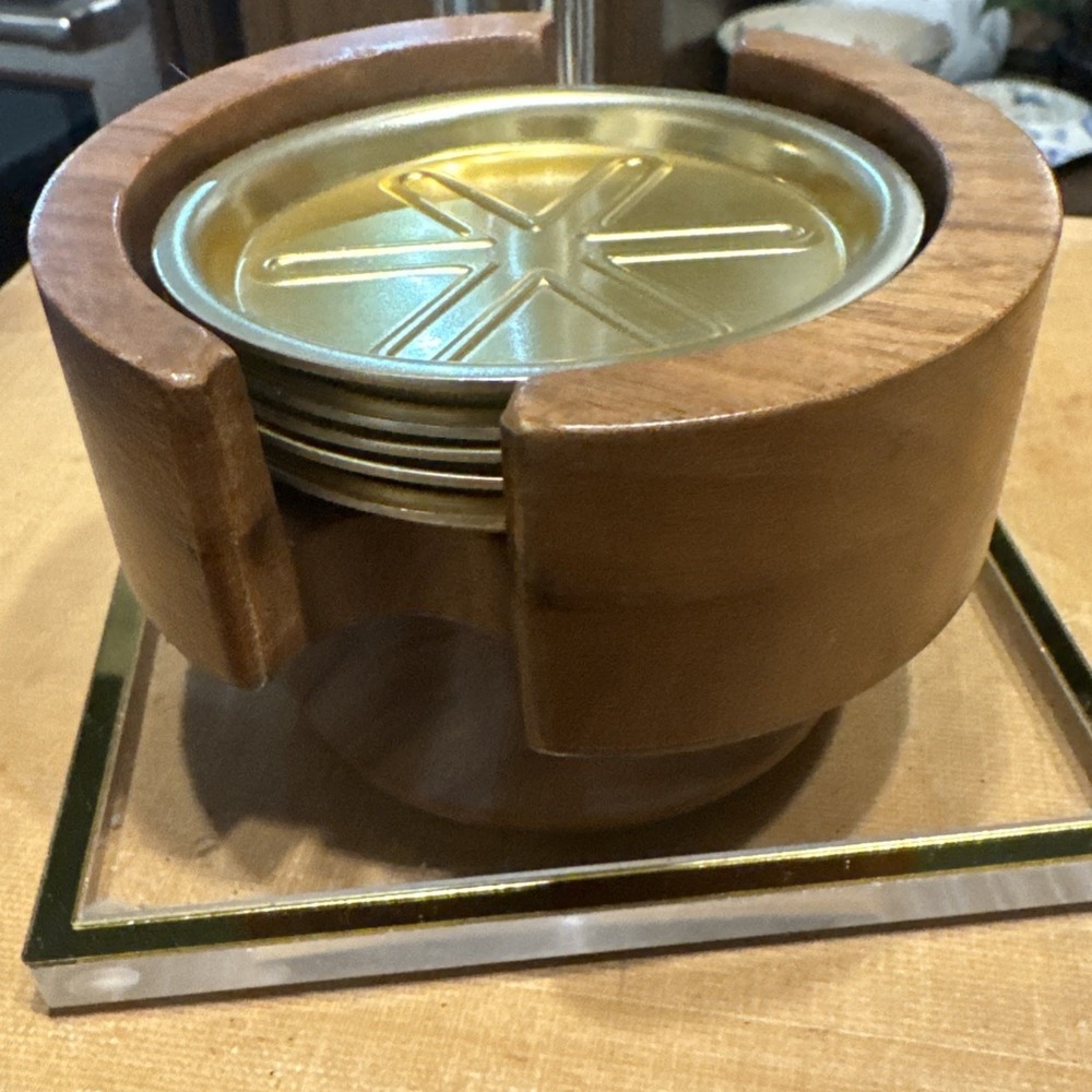 Vintage MCM 5 Coaster Set Wood & Gold Toned Pedestal Holder Walnut Metal 1970s